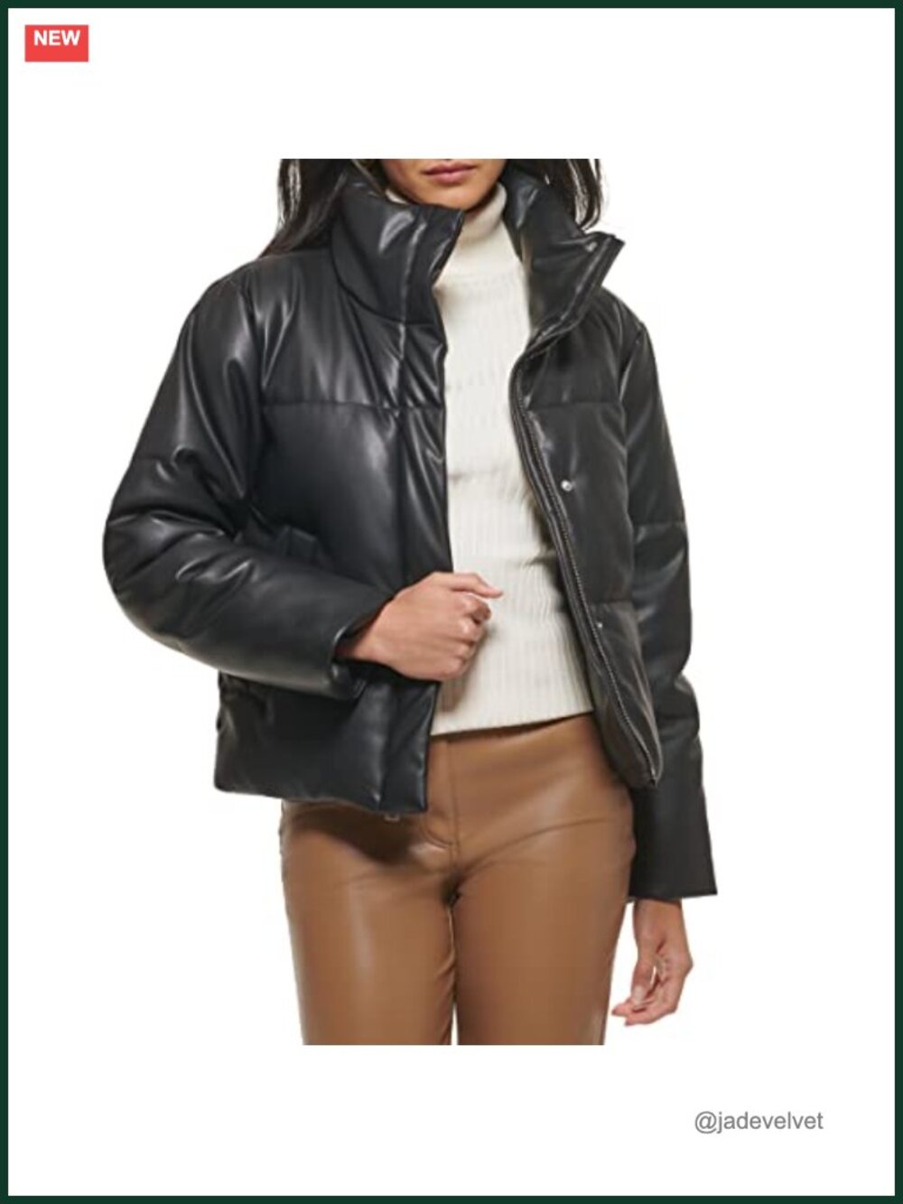 Vegan Leather Quilted Short Puffer Coat Water-Resistant Zip-Up